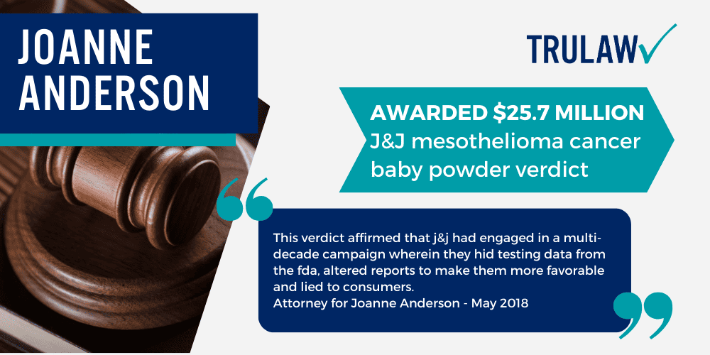 Talcum Powder Lawsuit Updates; $5.5 Billion Talcum Powder Damages; Johnson & Johnson Talcum Powder Lawsuit; What Is Talc; Johnson & Johnson’s Talcum Powder; Ovarian Cancer; Mesothelioma; Talc Use And Ovarian Cancer In African American Women; Talcum Powder Lawsuit Verdict Timeline; 22 WOMEN AWARDED $4.69 BILLION; 72 Million Talcum Verdict Jackie Fox Infographic; 55 Million Talcum Verdict Gloria Ristesund Infographic; 70 Million Talcum Verdict Deborah Giannecchini Infographic; 110 Million Talcum Verdict Lois Slemp Infographic; 417 Million Talcum Verdict Eva Echeverria Infographic; Talcum Powder Mesothelioma Lawsuits Steven Lanzo; talcum-powder-mesothelioma-verdict-joanne-anderson