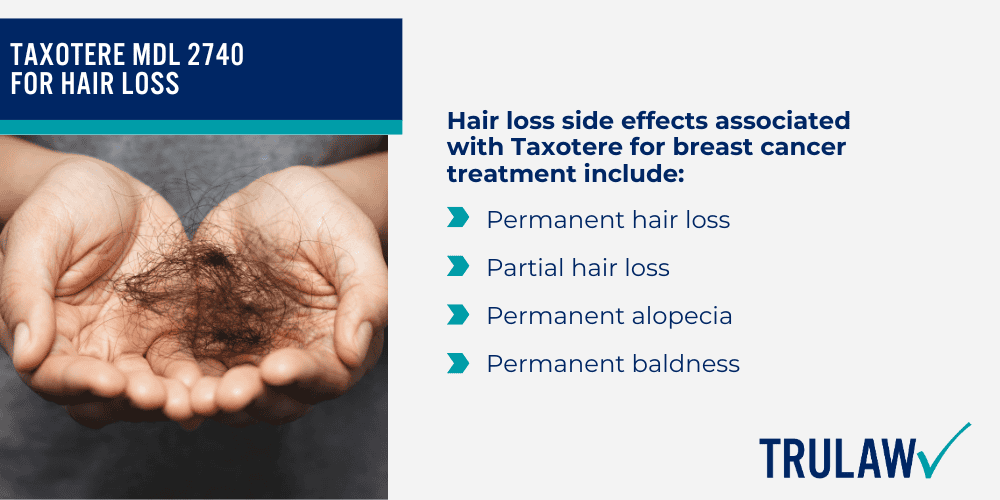 Reported injuries include a range of vision-related side effects, such as; Research Linking Taxotere to Vision Damage; Long Term Health Risks of Taxotere Treatments; Taxotere Black Box Warning_ Adverse Effects; Collecting Evidence for the Taxotere Lawsuit; Types of Evidence to Collect for Your Taxotere Lawsuit; Taxotere Hair Loss Lawsuits MDL 2740; Taxotere MDL 2740 for Hair Loss