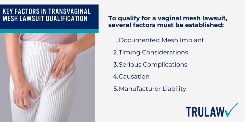 How Can A Transvaginal Mesh Attorney from TruLaw Help You; How much does it cost to hire a Transvaginal Mesh lawyer from TruLaw; Overview of the Transvaginal Mesh Litigation; Current Status of Transvaginal Mesh Litigation; Transvaginal Mesh Settlements and Verdicts; Transvaginal Mesh Settlement Values Explained; Serious Complications Associated with Transvaginal Mesh; Recognizing Symptoms of Mesh Complications; Key Factors in Transvaginal Mesh Lawsuit Qualification